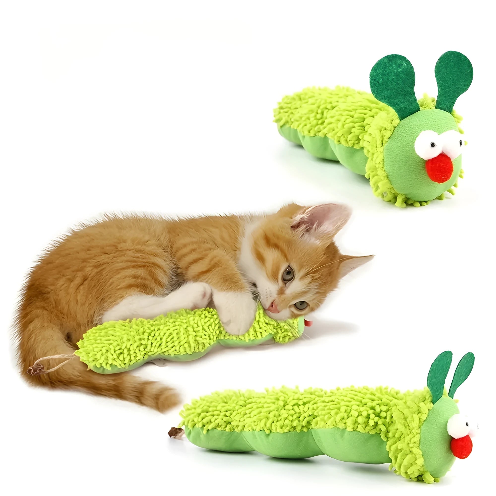 Green interactive plush cat toy pillow measuring 24cm long for battery-free play