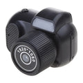 Black retro-style mini digital video camera with a built-in LCD screen on the back.