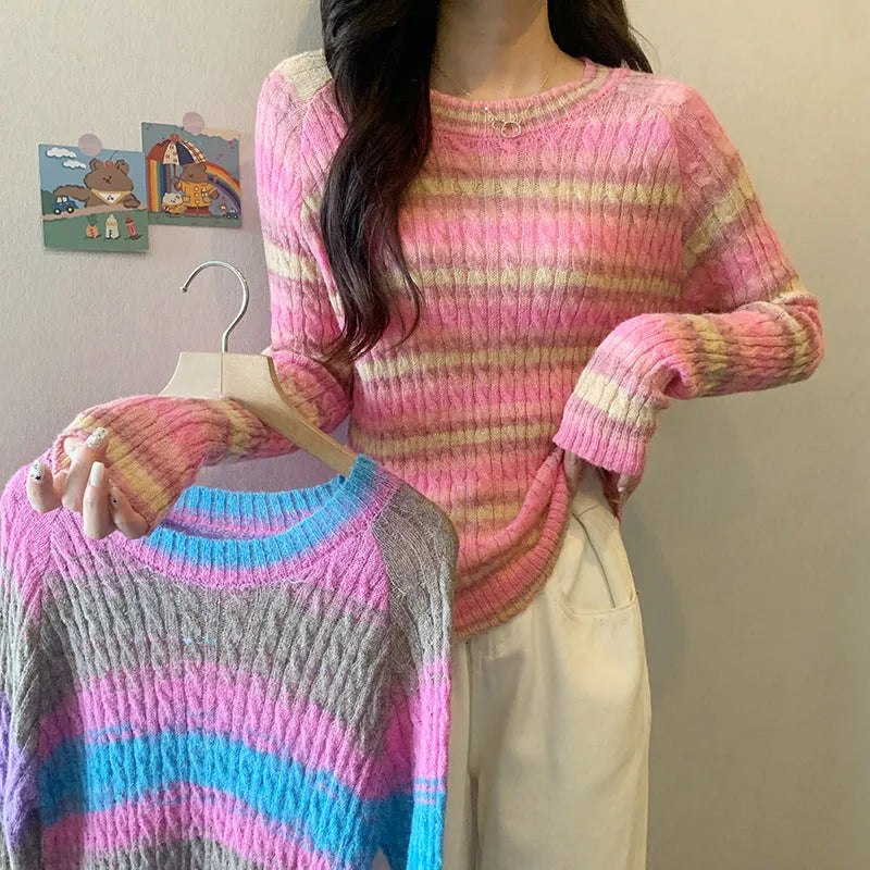 Striped round neck pullover sweater for women, slim fit, long sleeves, pink colour, embossed knit fabric