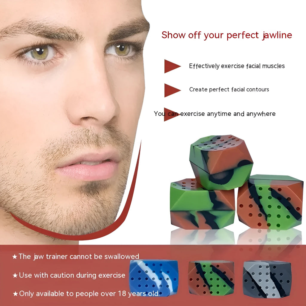 Two camouflage-pattern silicone facial exercise balls in a transparent box.