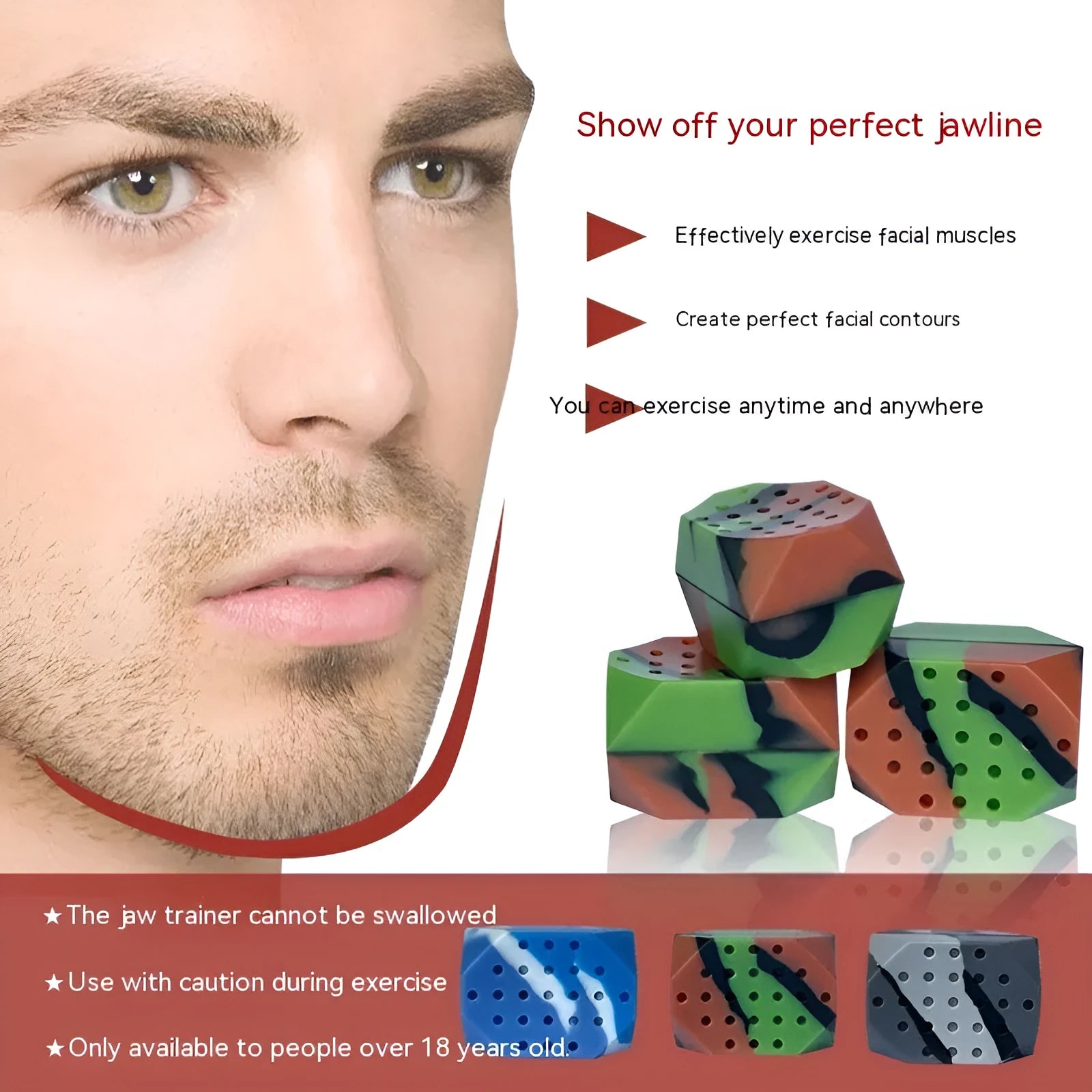 Two camouflage-pattern silicone facial exercise balls in a transparent box.