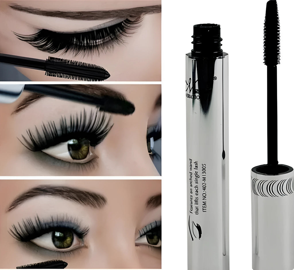 Black tube of long curling eyelash extension black fiber mascara with wand applicator for lengthening and volumising lashes