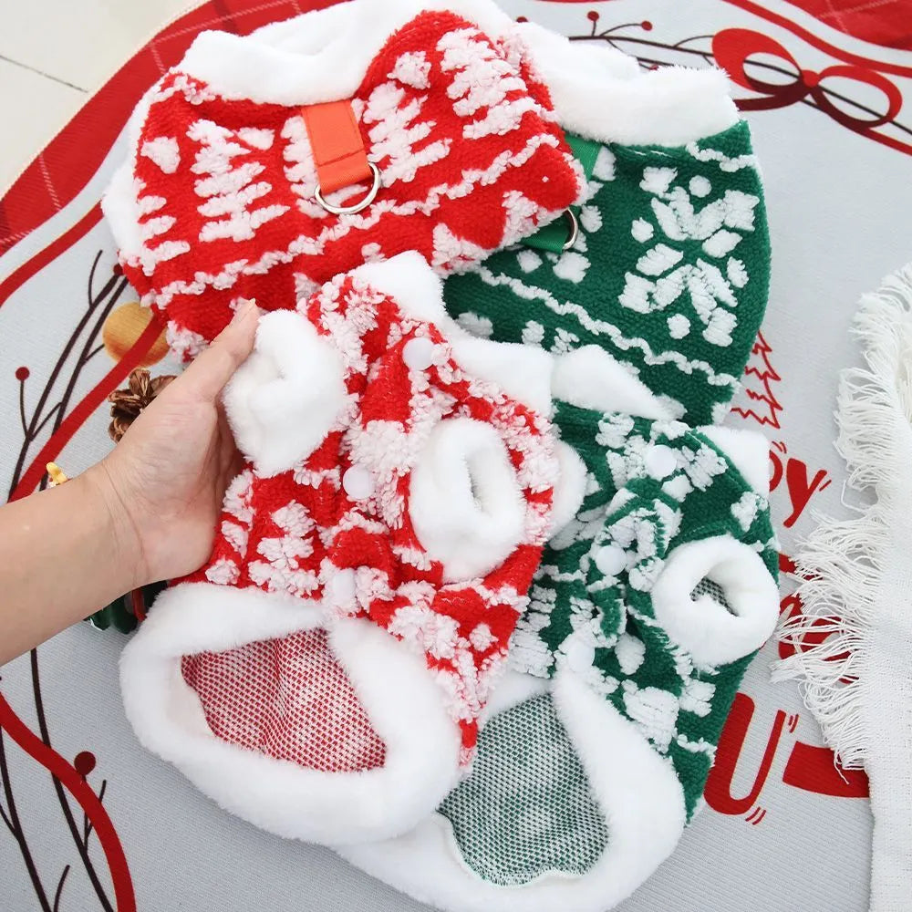 Christmas plush pet hoodie in green with traction rope buckle, sizes XS to XXL for small dogs and cats.