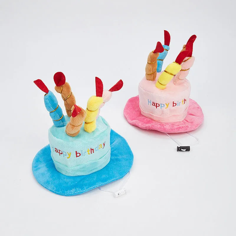 Blue or pink polyester dog birthday hat accessory measuring 21cm by 15cm by 6.5cm