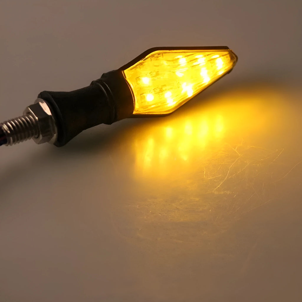Motorcycle double-sided LED turn signal lights in yellow and blue colour options
