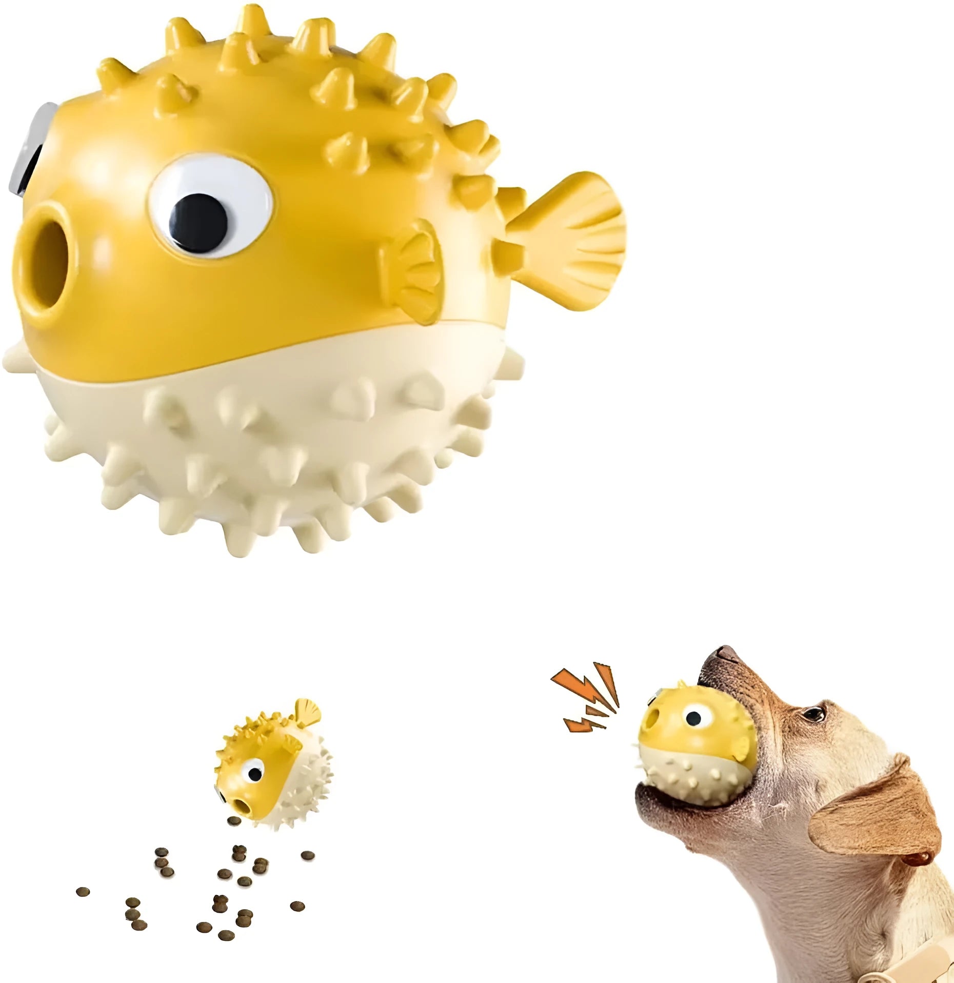 Green fish-shaped interactive dog chew toy with treat-dispensing hole and textured surface.