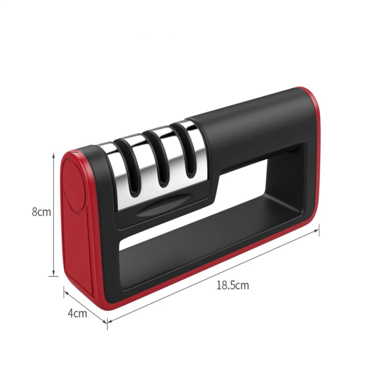 Professional three-stage knife sharpener in black with red trim, showing coarse, ceramic and fine abrasive slots.
