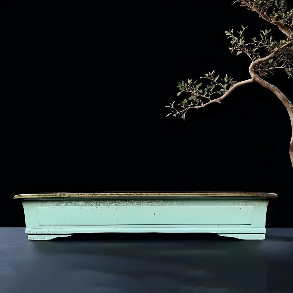 Green ceramic bonsai pot with handmade purple sand crackled glaze finish