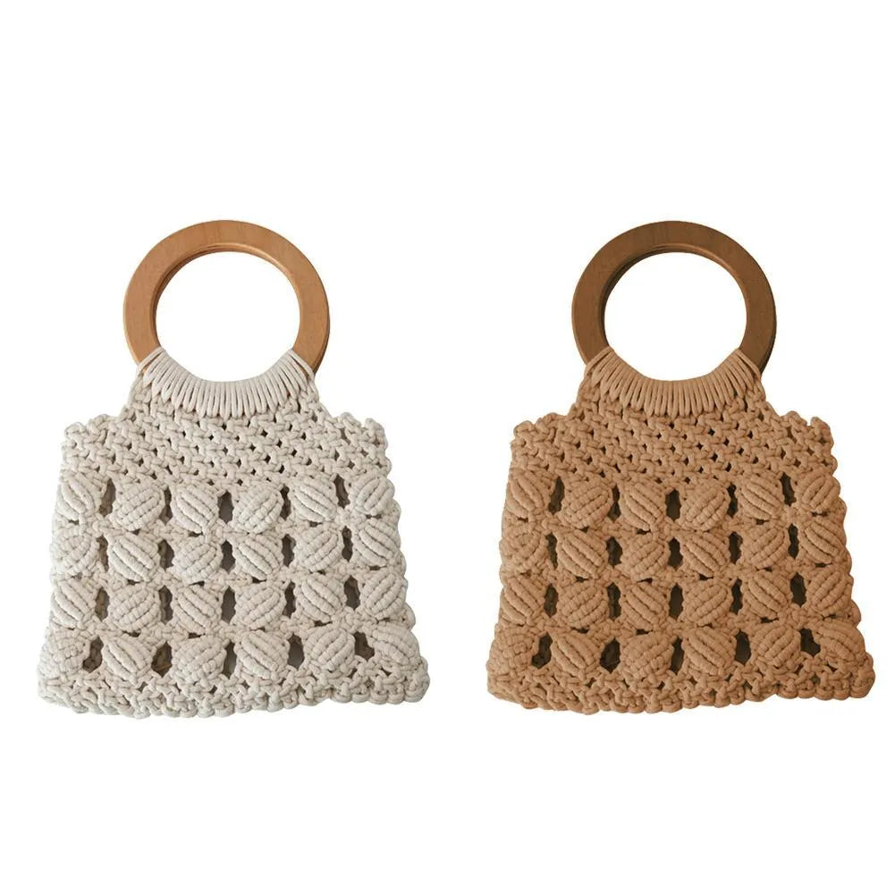 Fashion cotton rope straw women bag with round wooden handle, hollow weave, 28x30cm, brown colour