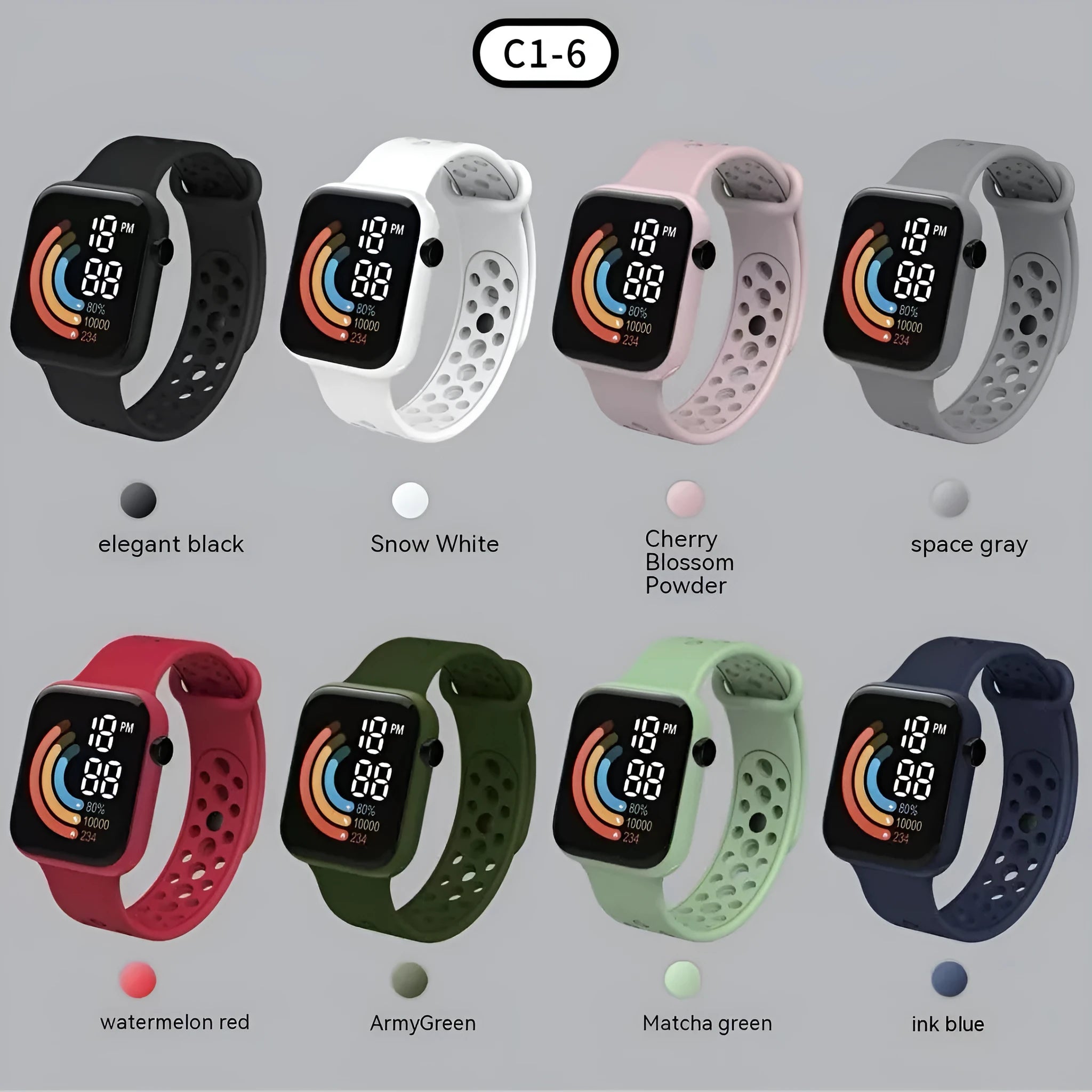 Children's rainbow digital LED watch with plastic strap and 1.8 inch screen in multiple colours