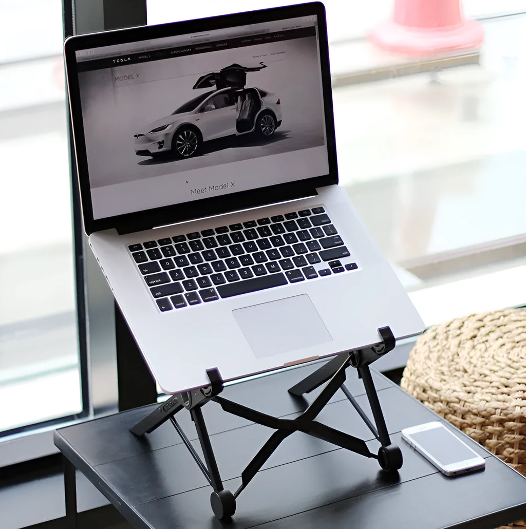 Black folding portable laptop stand with reinforced nylon construction showing 35.4cm width dimensions