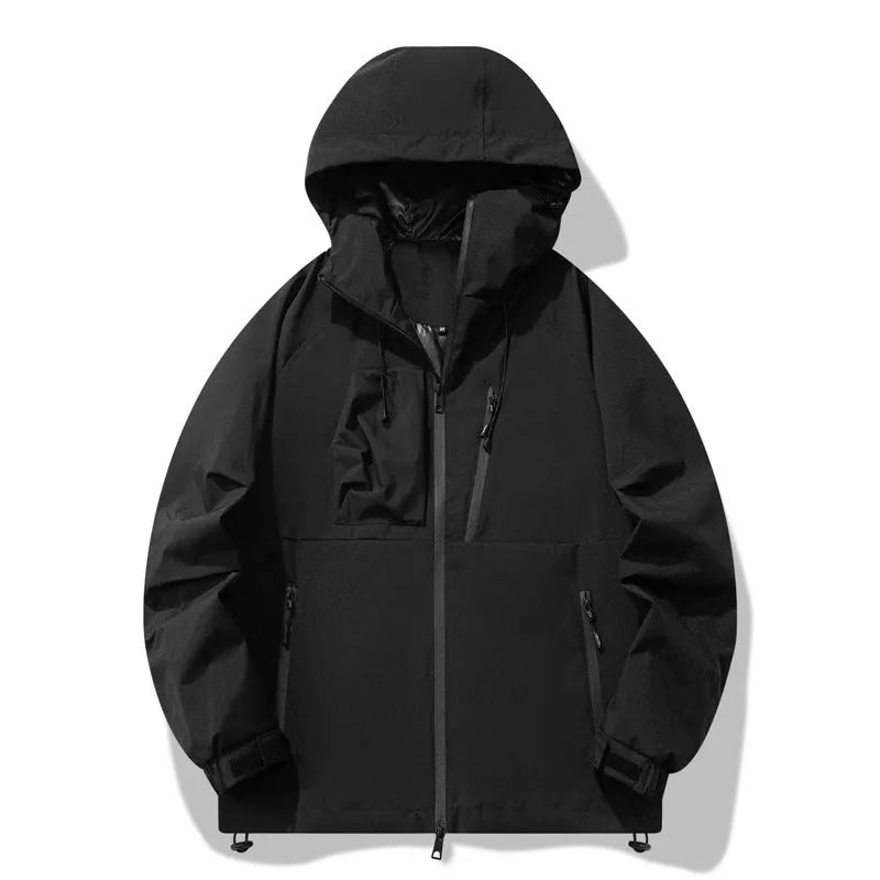 Men's outdoor windproof waterproof jacket in black with zipper pockets