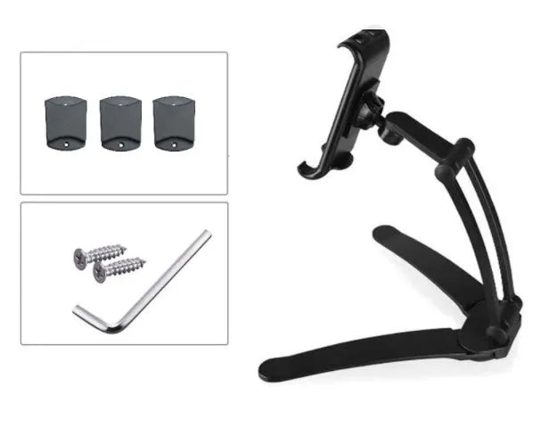Silver aluminium alloy desktop stand holding a tablet at an angle, with adjustable clips and a white mounting base.