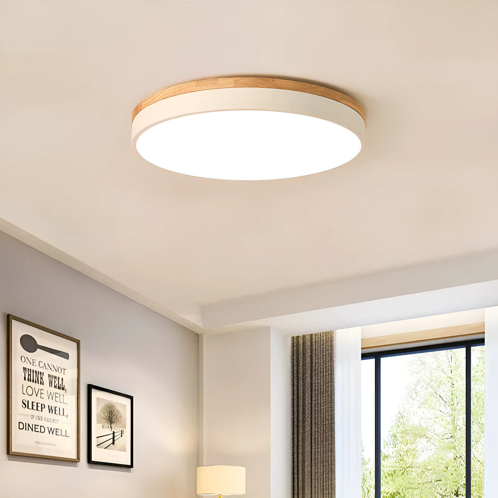 Round Nordic style LED ceiling lamp with solid wood and iron frame in white finish