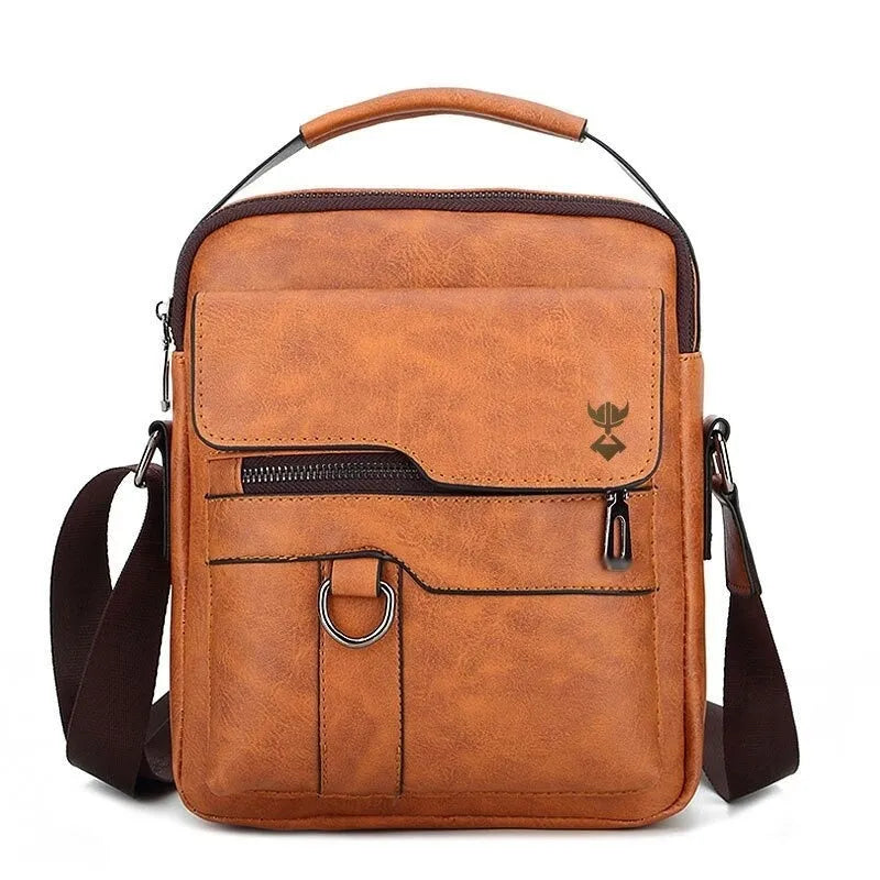Khaki PU leather men's casual shoulder bag with crossbody strap and zippered closure