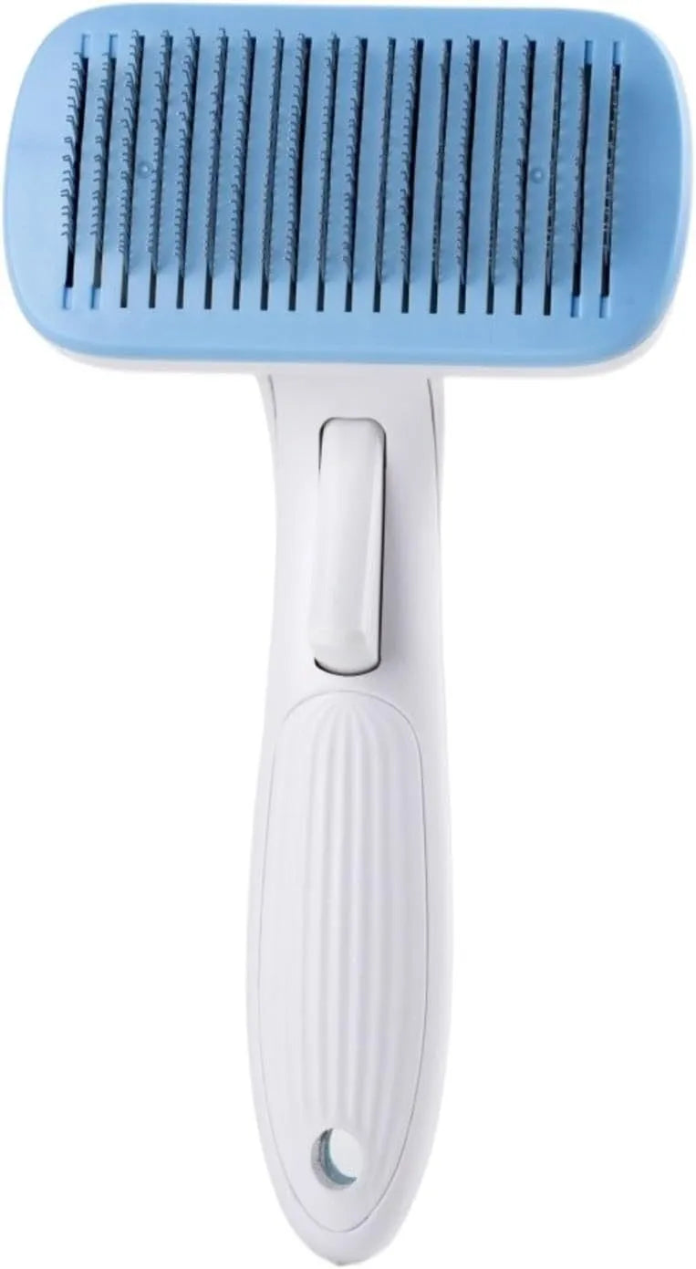 Blue automatic pet hair removal comb for dogs and cats on a white background.