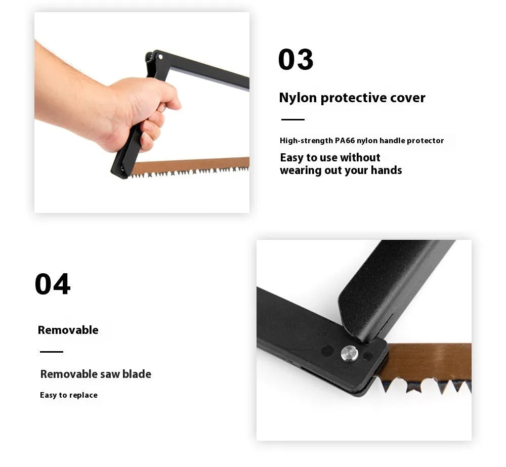 Black outdoor foldable saw with aluminium handle shown in open and closed positions.