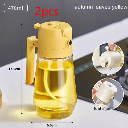 Glass oil sprayer and pour dispenser bottle in beige, yellow, green, or black with ergonomic handle.