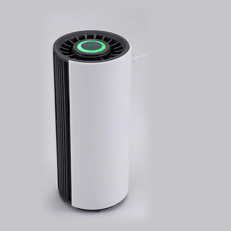 White ABS car air purifier with negative ion and USB power, placed in a cup holder