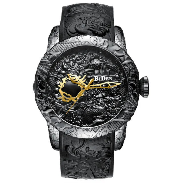 Dragon pattern mechanical watch with black rubber band, 50mm case, and gold accents, available in multiple colours.