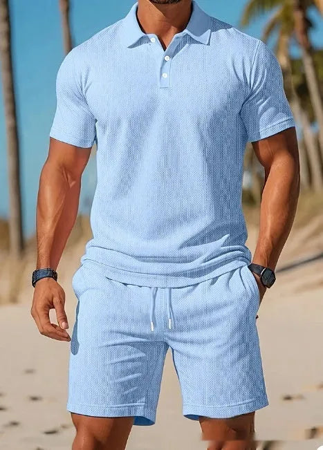 Men's casual beach mesh lapel set with short-sleeved shirt and shorts in polyester fibre, available in multiple colours.