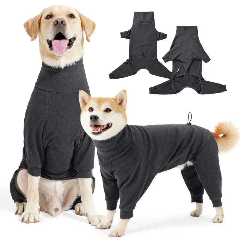 Four-legged polar fleece dog suit with high collar in dark grey colour on a medium-sized dog
