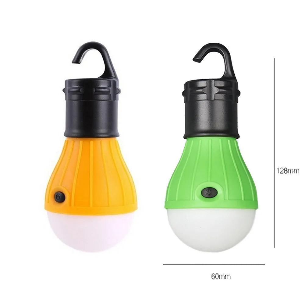 Compact blue portable LED camping light with hanging hook showing three light mode buttons.