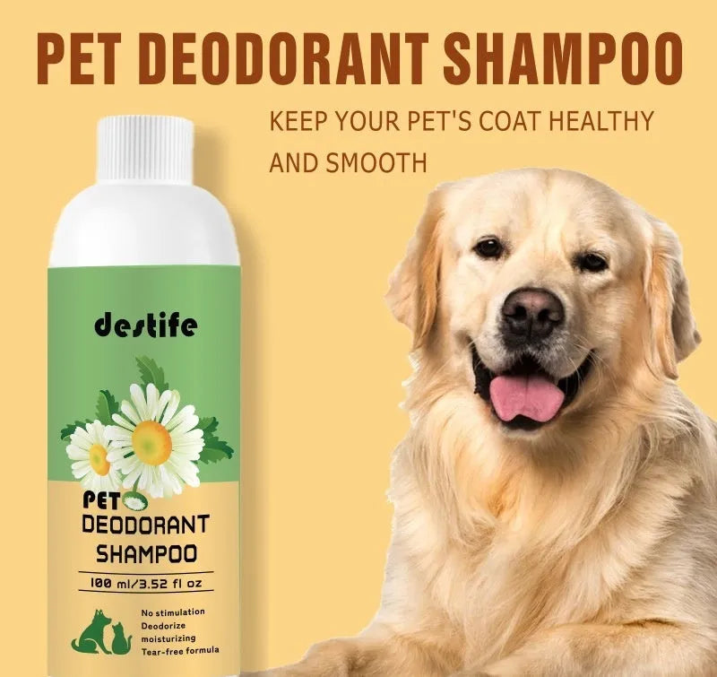 100ml bottle of pet shampoo shower gel with hair conditioner, fragrance and deodorant for dogs and cats