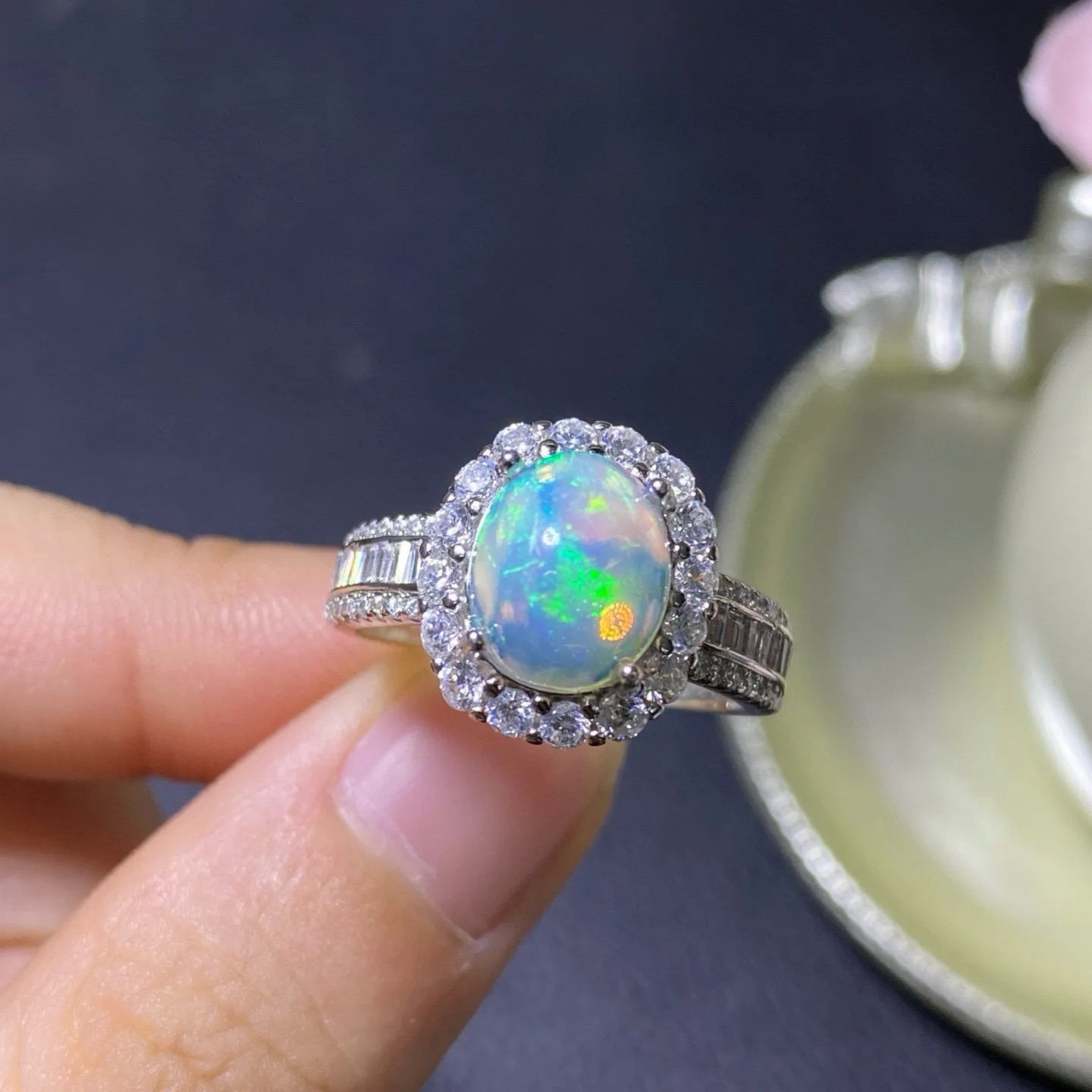 Handmade sterling silver adjustable opal ring showing rose gold, white gold, and yellow gold plated finish options.