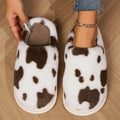 Cow spotted plush slippers in brown with non-slip sole winter indoor footwear