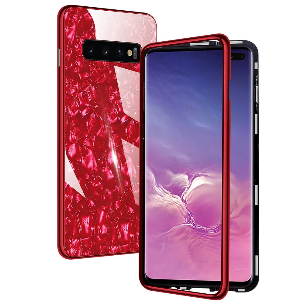 Galvanised mobile phone protective cover in black, PC and glass construction, magnetic plating shell pattern, fits Samsung Galaxy models