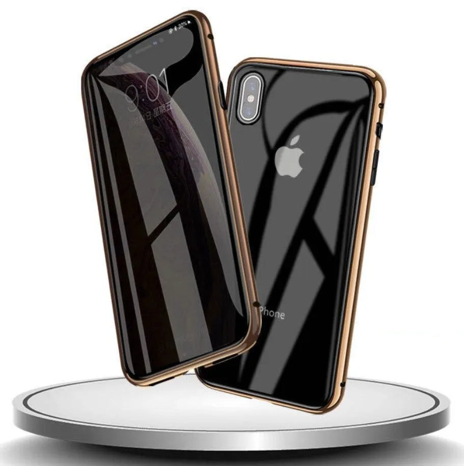 Glass clamshell anti-spy phone case with geometric design in multiple colours for iPhone models.
