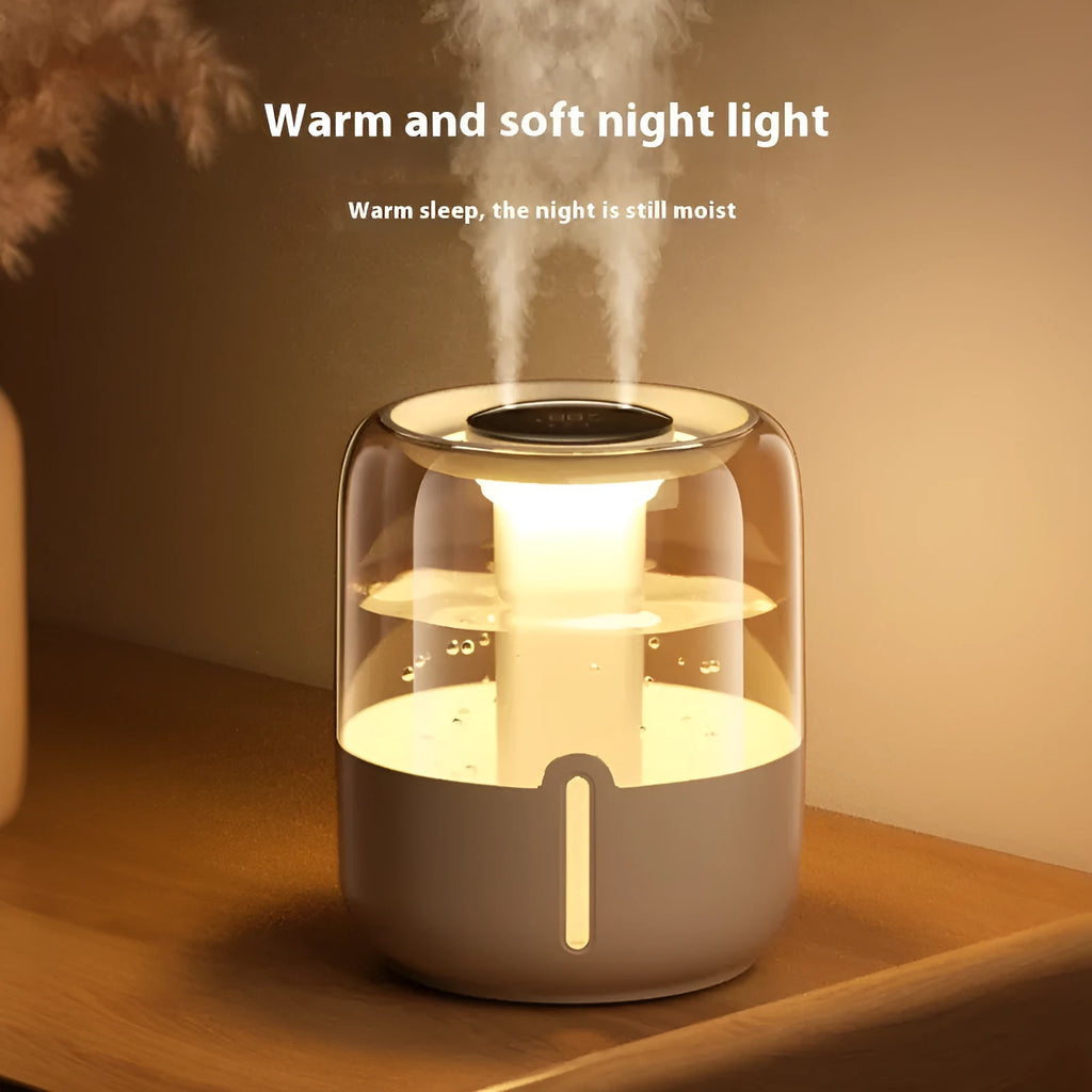 Beige round USB-powered humidifier with dual spray nozzles, display, and night light on a surface.