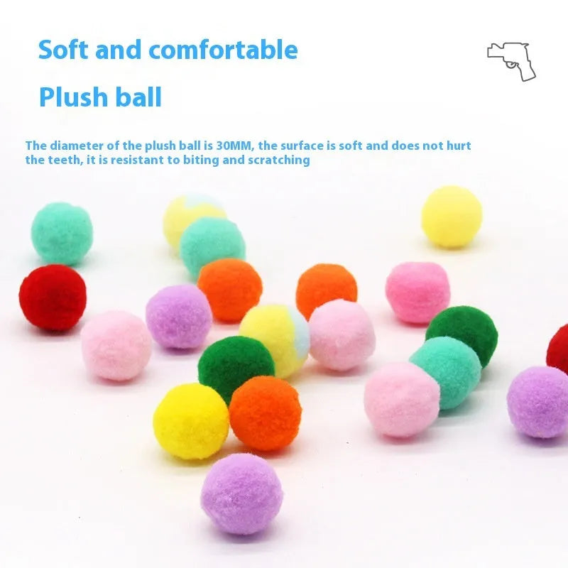 Pet toy electric launcher gun with collection of plush yarn balls for cats and dogs