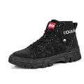 Men's high top Martin boots in Black, round toe, square heel, front tie closure, artificial PU upper