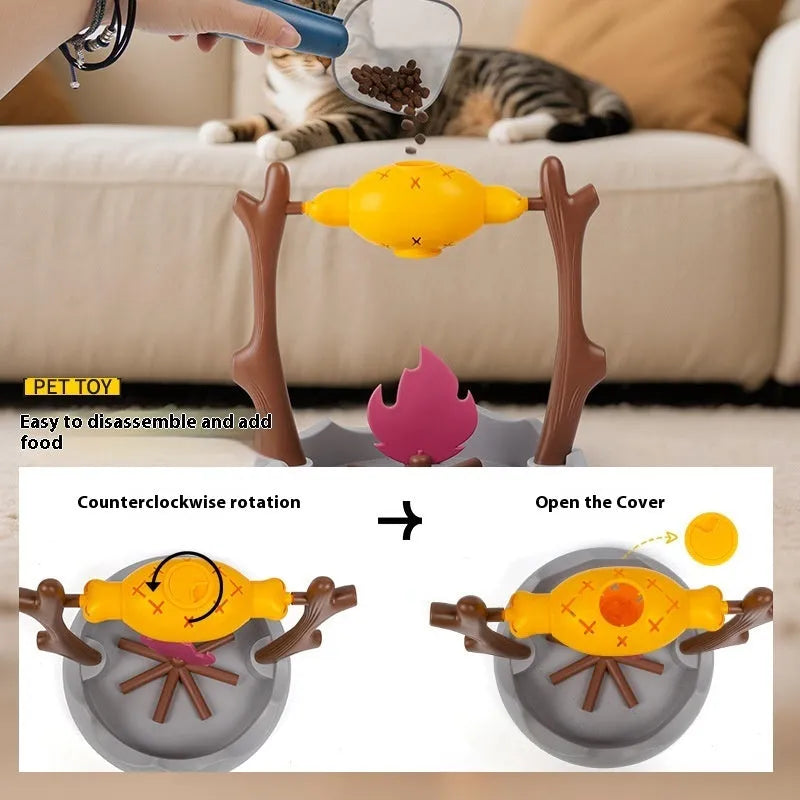 Tumbling plastic cat feeder toy for slow feeding and play, shown in dimensions of 30 by 29 centimetres.