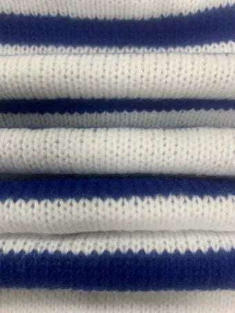 Sapphire blue striped acrylic pullover sweater with loose fit and round neck