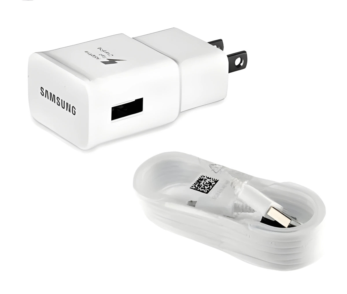 Samsung fast charger USB travel adapter for S6 S7 S8 with 2A QC3.0 and 9V output, shown with optional cable.