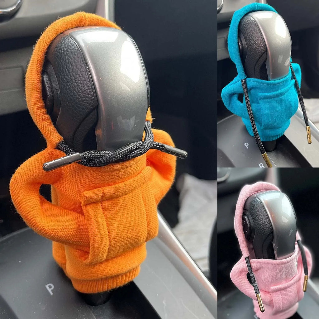 Universal 12cm pure cotton gear knob cover in hoodie style with adjustable drawcord, shown in black