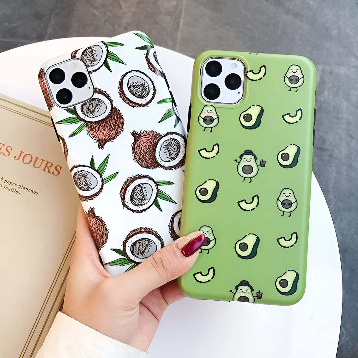 Green avocado cartoon TPU phone case on iPhone showing back cover design with green avocado graphic