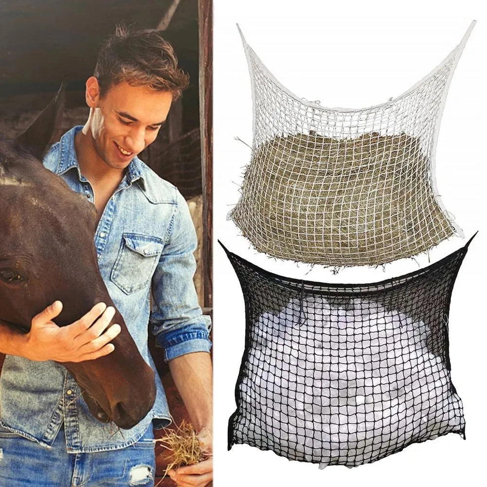Woven polyethylene rope horse feeding bag with grid design in black colour