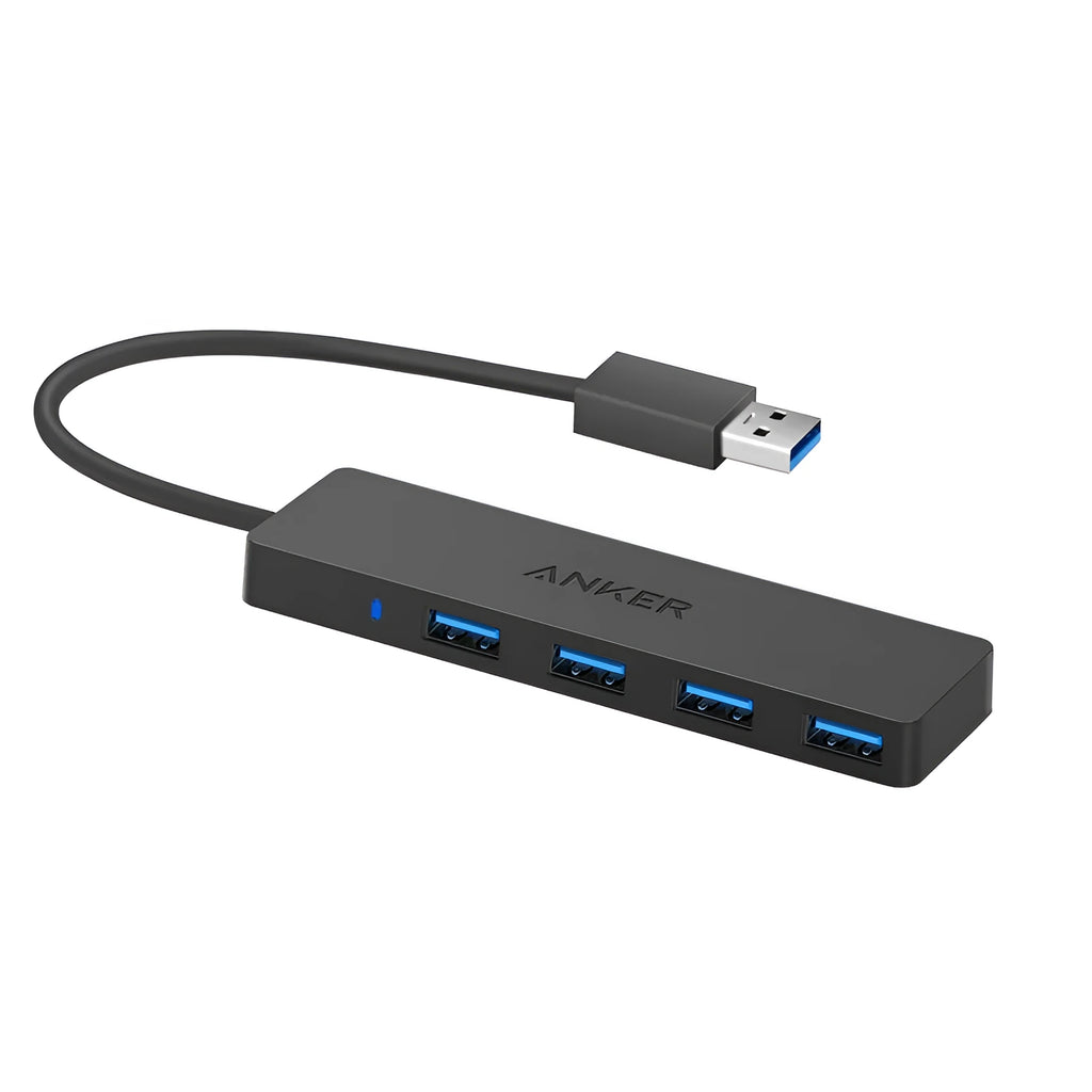 Black Anker 4-port USB 3.0 hub with attached cable, dimensions 30x107 mm.