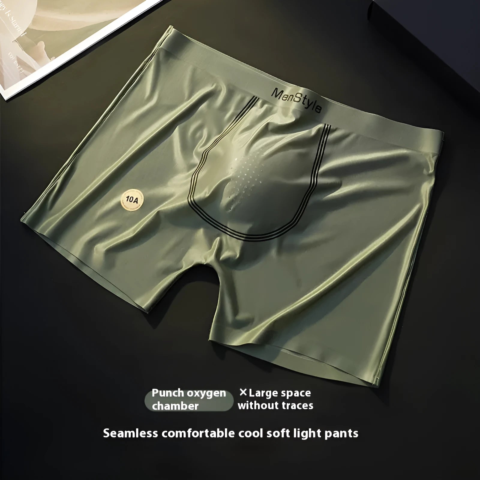 Men's seamless satin ice silk boxers in dark grey showing mid waist and reinforced crotch design.