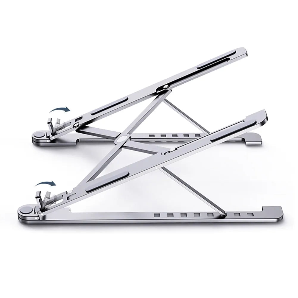 Foldable aluminium laptop stand in silver, shown open at an angle and folded flat.