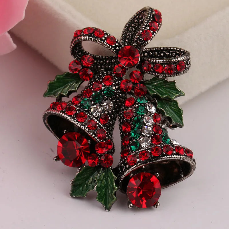 Christmas suit pin brooch alloy artificial gem ancient gold bell style on jacket lapel