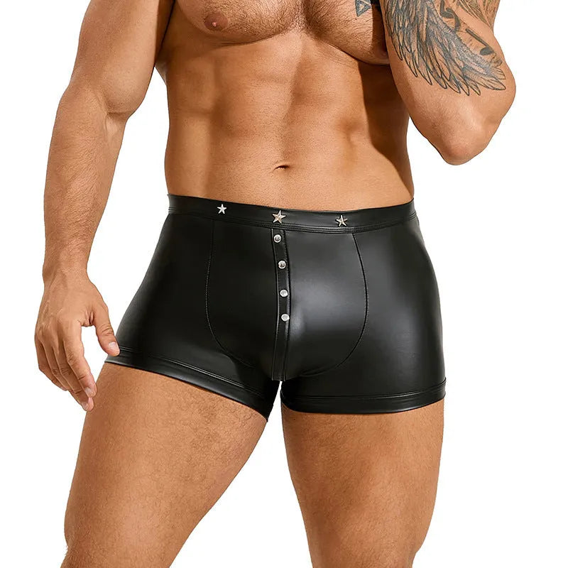 Black men's leather-look shorts with U-pouch front design on a model