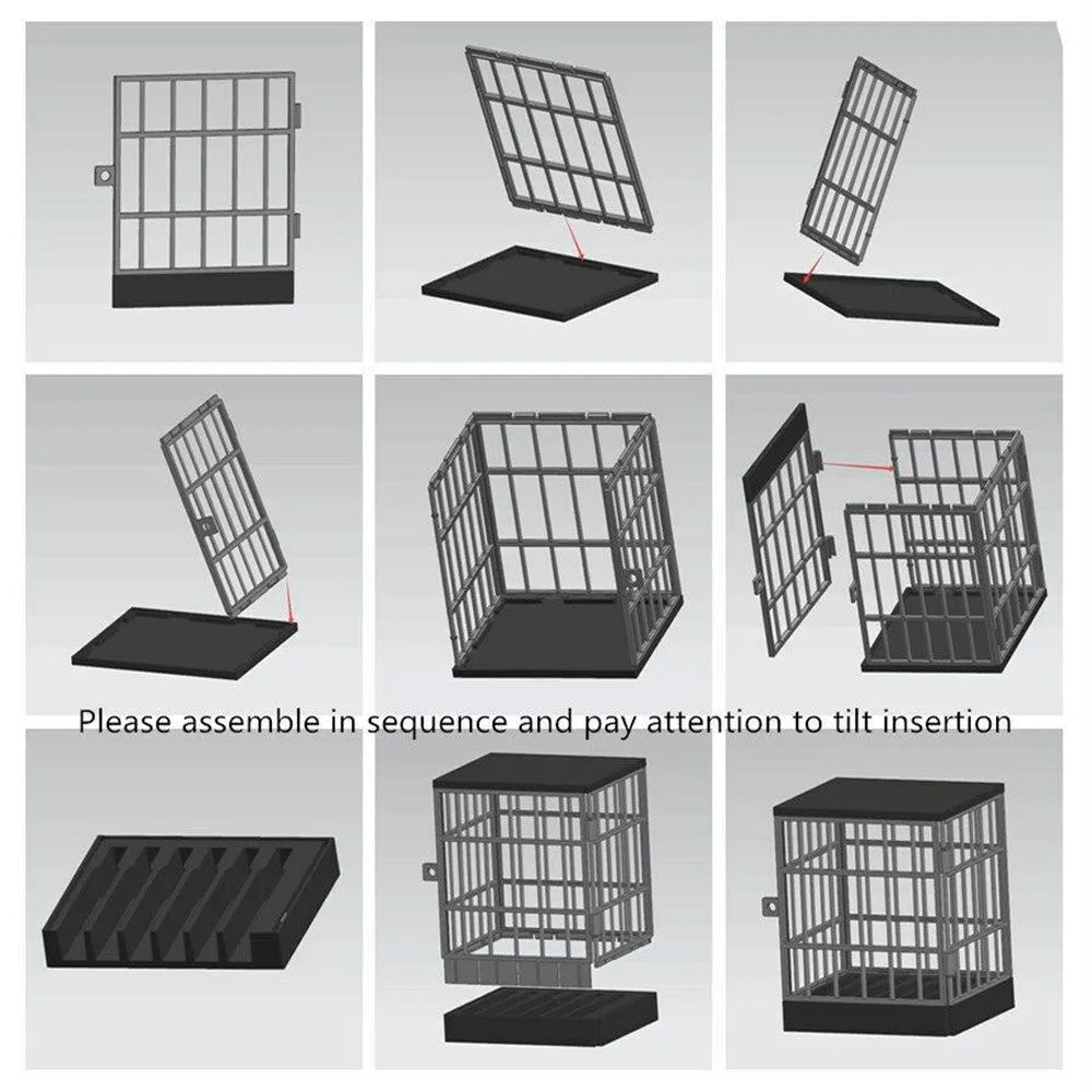 Grey plastic phone storage cage with six grooves and padlocks for locking mobile devices