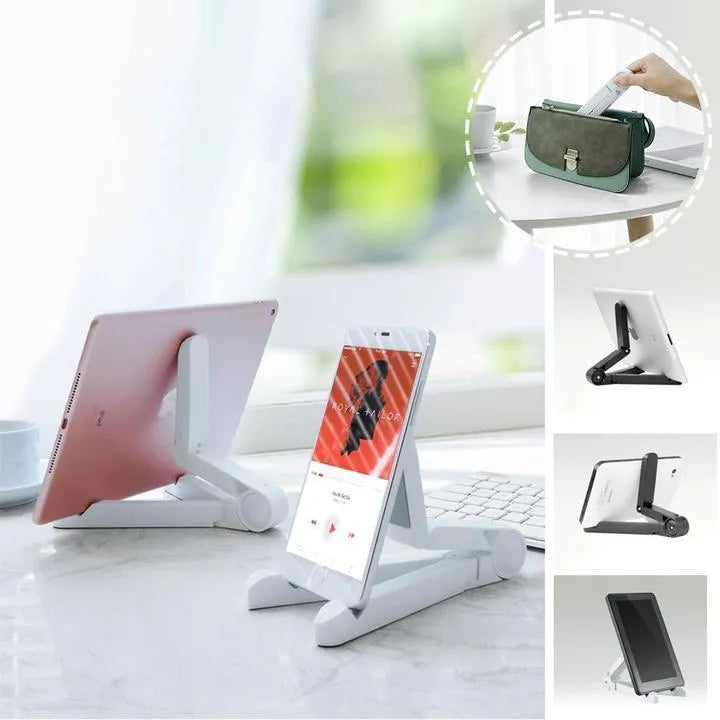 Black foldable tablet holder standing upright with a tablet in landscape mode on a desk