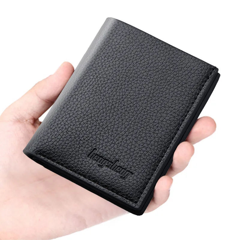 Men's vertical PU leather wallet in black with card slots and bill holder, open view