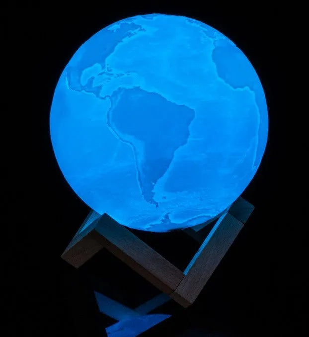 3D printed moon lamp showing detailed lunar surface with wood holder and touch control ring